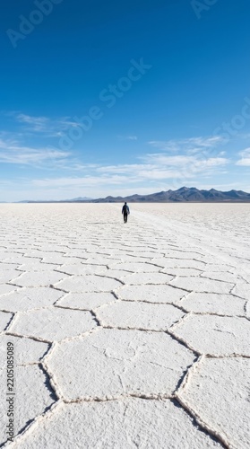 Man with backpack hiking across hexagonal salt crust patterns of a vast salt flat under a blue sky