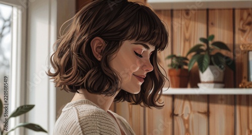 Anime girl smiling peacefully in cozy cafe interior with plants and sunlight