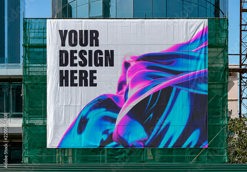 Large Horizontal Advertising Banner Installed on a Facade Under Renovation Mockup