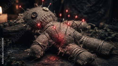 Voodoo doll with pins glowing in a dimly lit mystical setting  