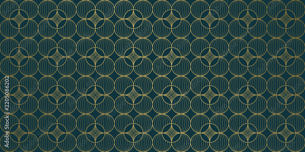 Fototapeta premium Luxury art deco vector seamless pattern with overlapping gold circles on dark emerald green background, elegant geometric decorative wallpaper