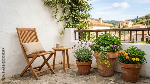 A charming Mediterranean patio with a wooden chair, small table, and various potted plants against a white stucco wall, overlooking a picturesque village.