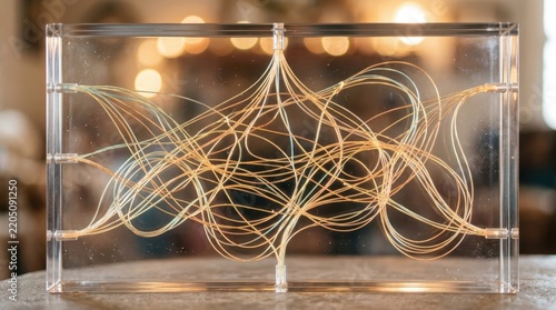 Intricate Fiber Optic Strands Creating a Dynamic Abstract Light Pattern within a Glass Enclosure