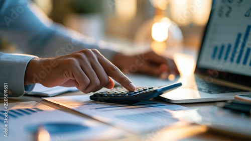 Finance manager cross-checking printed reports against numbers on a laptop screen, auditing concept, office desk, copy space