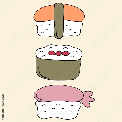 Doodle illustration of sushi set, asian food 