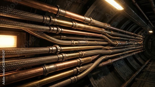 Intricate network of aged copper and metal pipes, industrial plumbing system