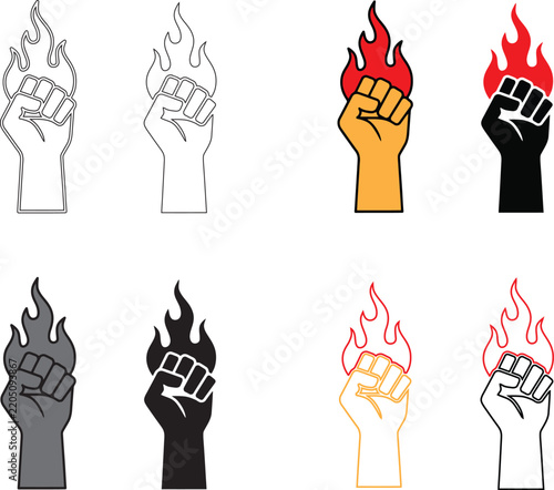 Fist raised in air with fire in multiple and color variations