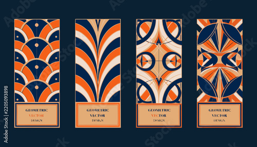 Geometric vector designs featuring repeating patterns and a dark blue background