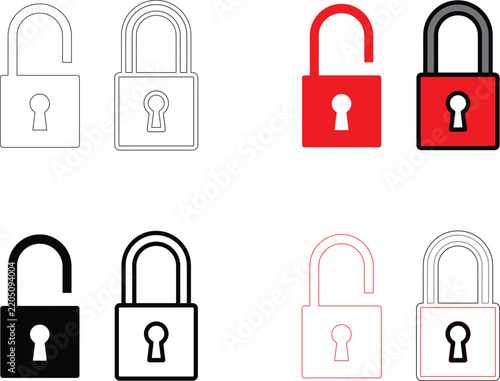 Open and closed padlock in various outline and solid variations