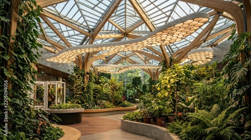 Lush Greenhouse Conservatory With Modern Biophilic Design Featuring Glass Roof and Abundant Tropical Plants