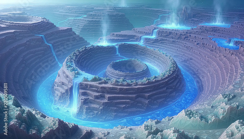 A glowing, circular, tiered water feature within a mountainous landscape.