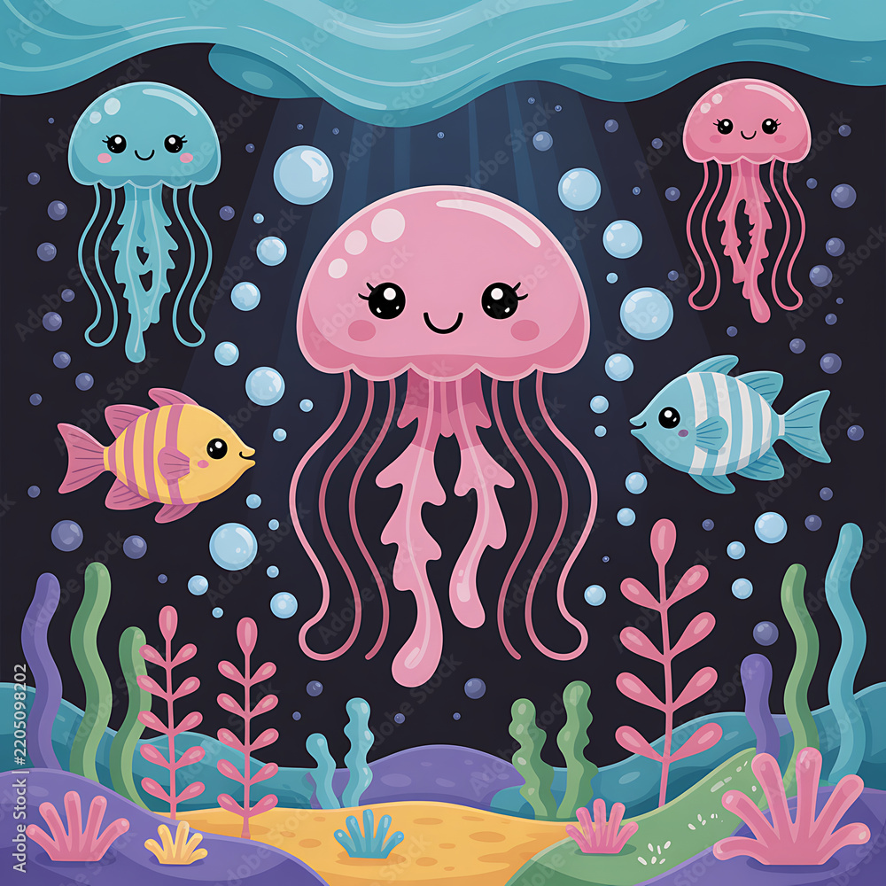 Obraz premium Cute cartoon jellyfish swimming in deep ocean with tropical fish and coral jellyfish underwater