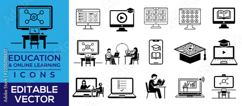 Digital Education and Online Learning Editable Icon Set With Vector Design