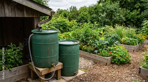 Two green rain barrels collect water from a gutter near a lush, thriving outdoor vegetable and flower garden.