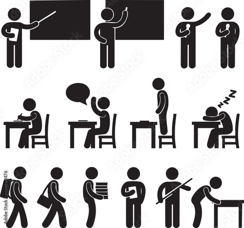 Set of school and education stick figure icons simple flat vector design elements for web and print use isolated on white background