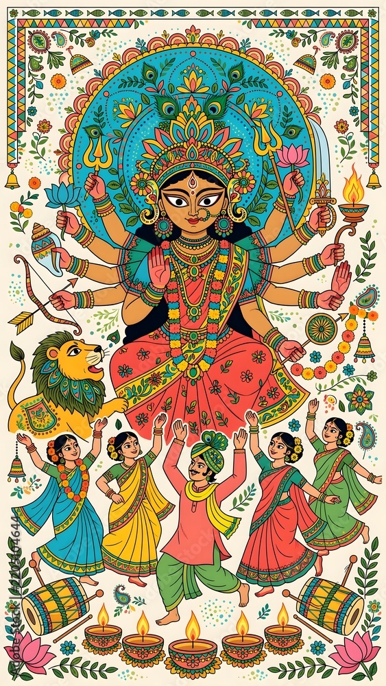 Fototapeta premium Goddess Durga sitting majestically on her powerful lion with multiple arms holding traditional sacred weapons while joyous devotees dance rhythmically to celebrate 