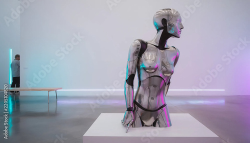 Robotic sculpture displayed in a modern gallery space.