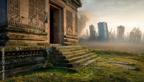 Ruined ancient temple with steps in a post-apocalyptic landscape