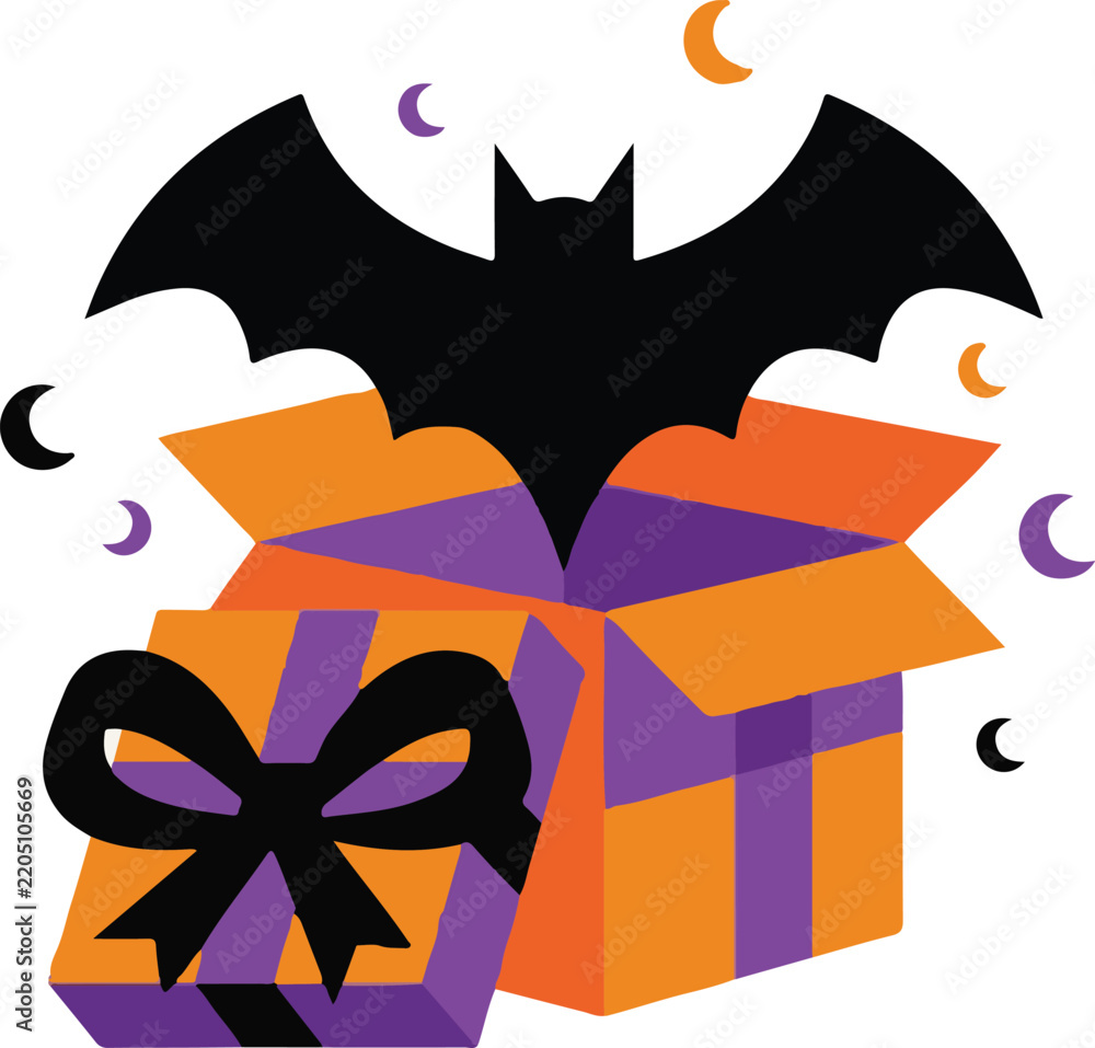 Obraz premium A spooky black bat flying out of an open orange and purple halloween gift box with a bow