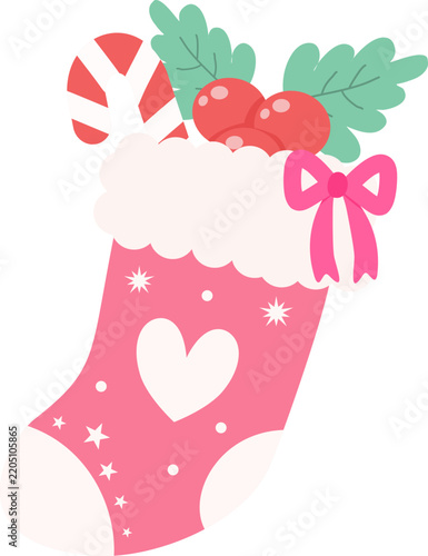 Cute Pink Christmas Stocking with Berries and Candy Cane