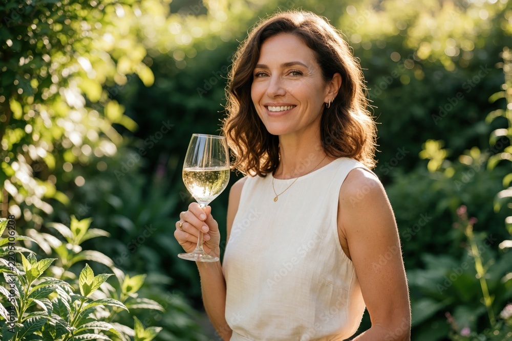 Fototapeta premium Elegant middle aged woman holds white wine glass in rich green garden. Beautiful female smiles, enjoying summer leisure outdoors. Radiant woman drinks chilled beverage among plants under golden