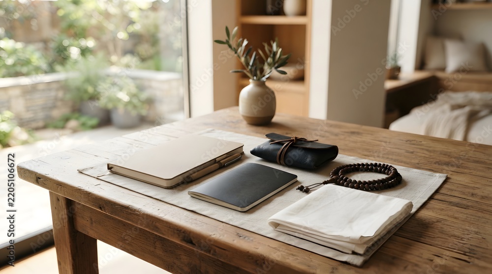 Fototapeta premium Creative workspace with notebooks glasses and a vase on a rustic wooden table near a window