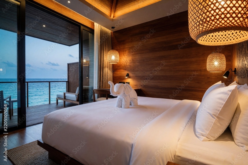 Fototapeta premium Modern hotel bedroom with white bed, towel elephant on mattress. Luxury villa suite features wood walls, woven lamps. Large sliding glass door opens to private wooden balcony overlooking calm blue