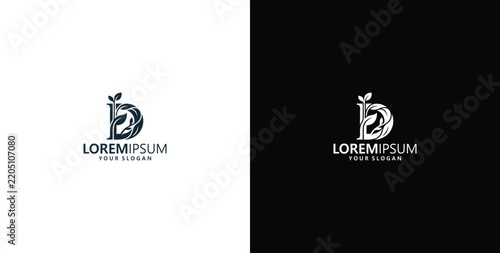 Elegant letter D initial logo design with botanical floral leaf elements for business branding identity in black and white versions