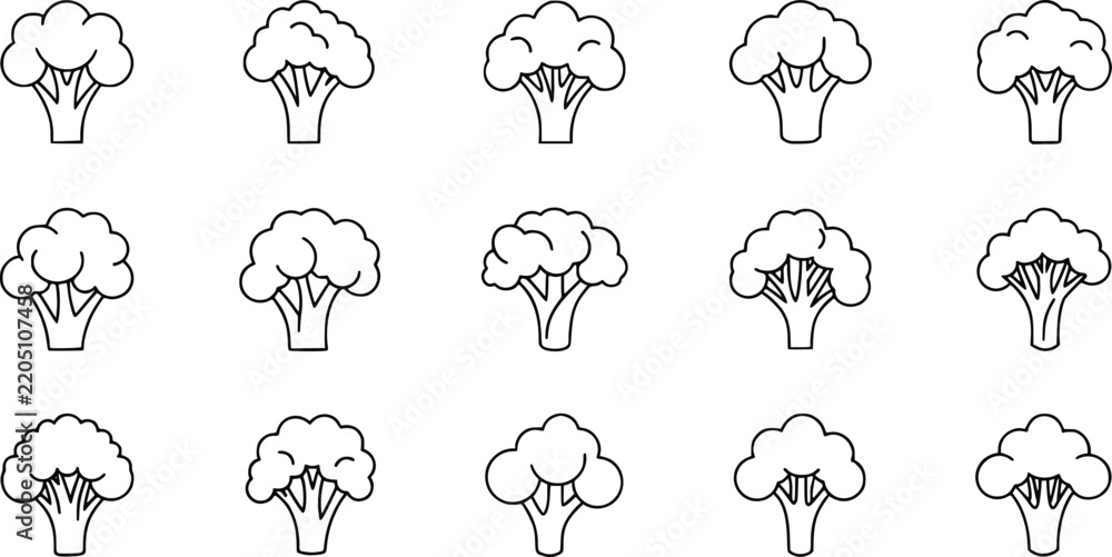 Obraz premium Broccoli vegetable vector line icons pack displaying different head shapes and stalk details for healthy food packaging nutrition guides and grocery store branding.