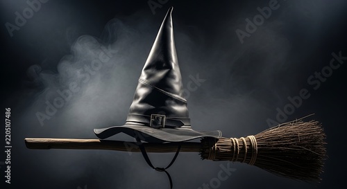 Witch hat and wooden broom resting against a dark smoky background surface.