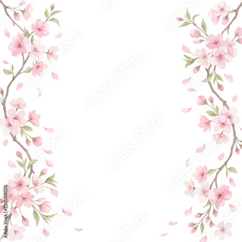 Elegant cherry blossom (sakura) side borders, background framing, beautiful pink flower branch watercolor card.