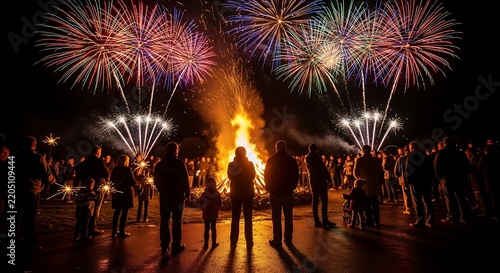 Crowd of people silhouettes watching colorful fireworks explode above a bonfire.