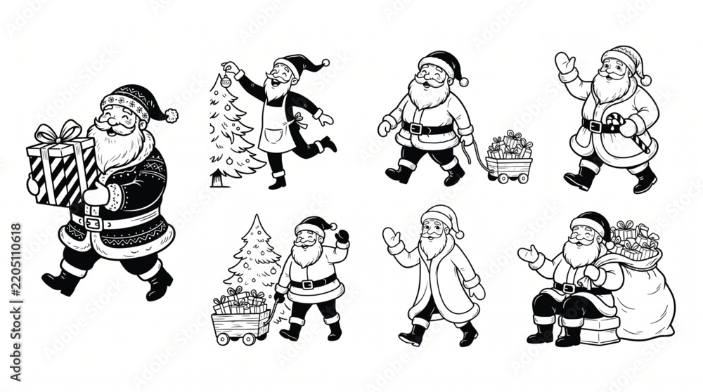 Fototapeta premium Cute Santa Claus Character Set Vector Black and White Line Art Line Art Collection for Christmas