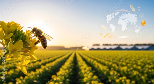 Honeybee pollinates bright yellow mustard flowers in a sunny field.