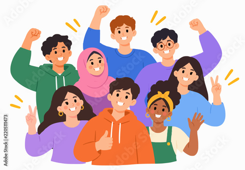 Multiethnic Group of Happy Young People Showing Thumb Up and Victory Signs Vector