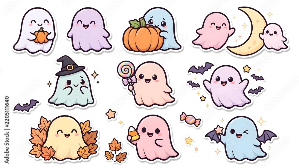 Obraz premium Kawaii Ghost Sticker Collection with Pumpkin, Bats and Autumn Leaves, Halloween Illustration