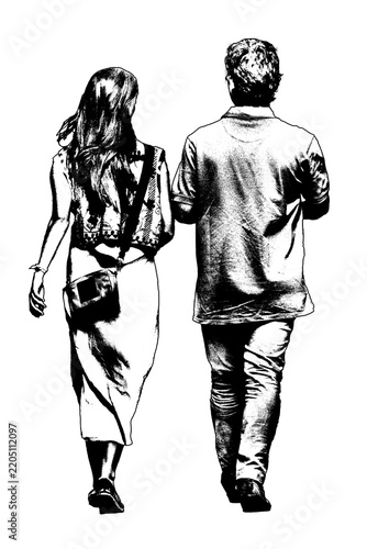 Graphic in rear view of young adult couple walking