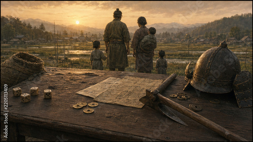 Dice coins and illustrated paper overlooking a village at sunset