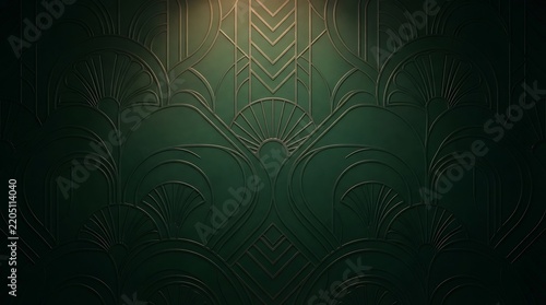Elegant dark green background with intricate golden Art Deco patterns and a subtle top-center glow, creating a luxurious and vintage aesthetic.