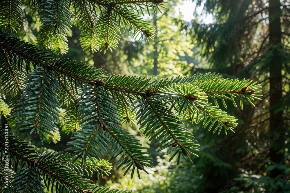 Fototapeta premium Close up of green fir branch in sunny forest. Abies alba tree needles grow in summer woods. Evergreen coniferous plant with fresh foliage, small buds under bright sunlight. Natural botanical