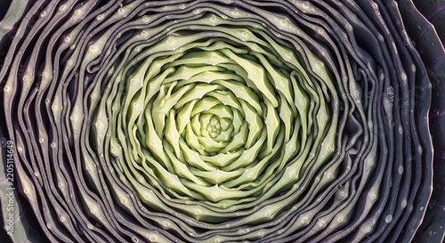 Intricate spiral pattern of a cross section showing rich green and purple textures.
