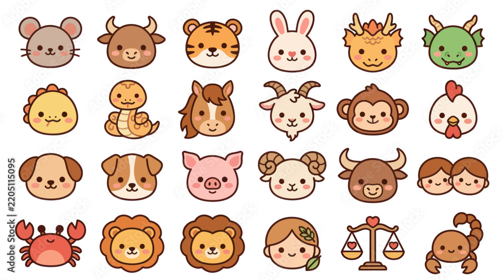 Fototapeta premium Cute animal zodiac and constellation icons