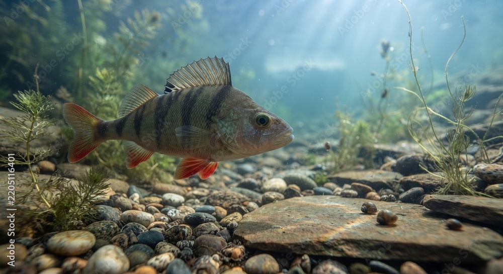 Obraz premium European Perch (Perca fluviatilis) Swimming Underwater with Sun Rays in Clear Lake