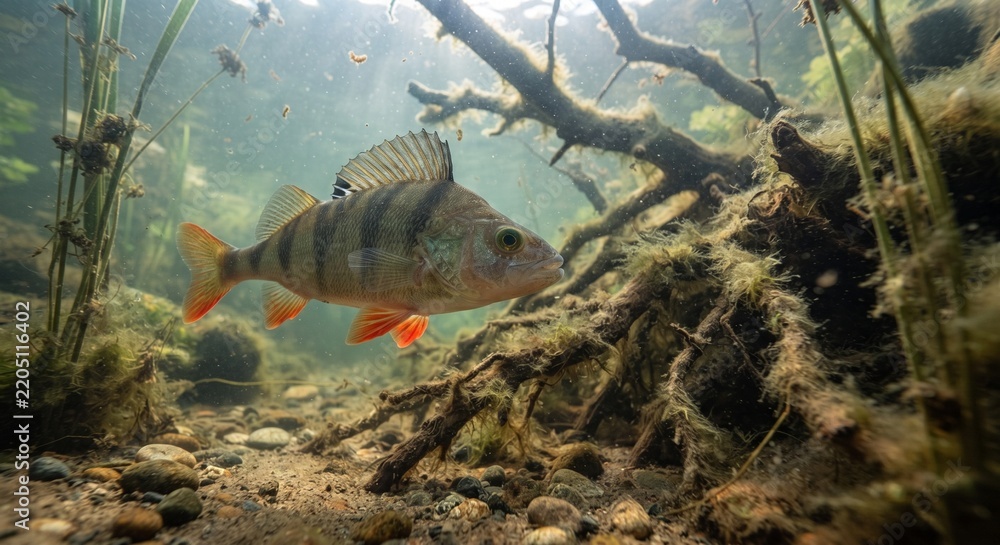 Obraz premium European Perch (Perca fluviatilis) Swimming Underwater with Sun Rays in Clear Lake