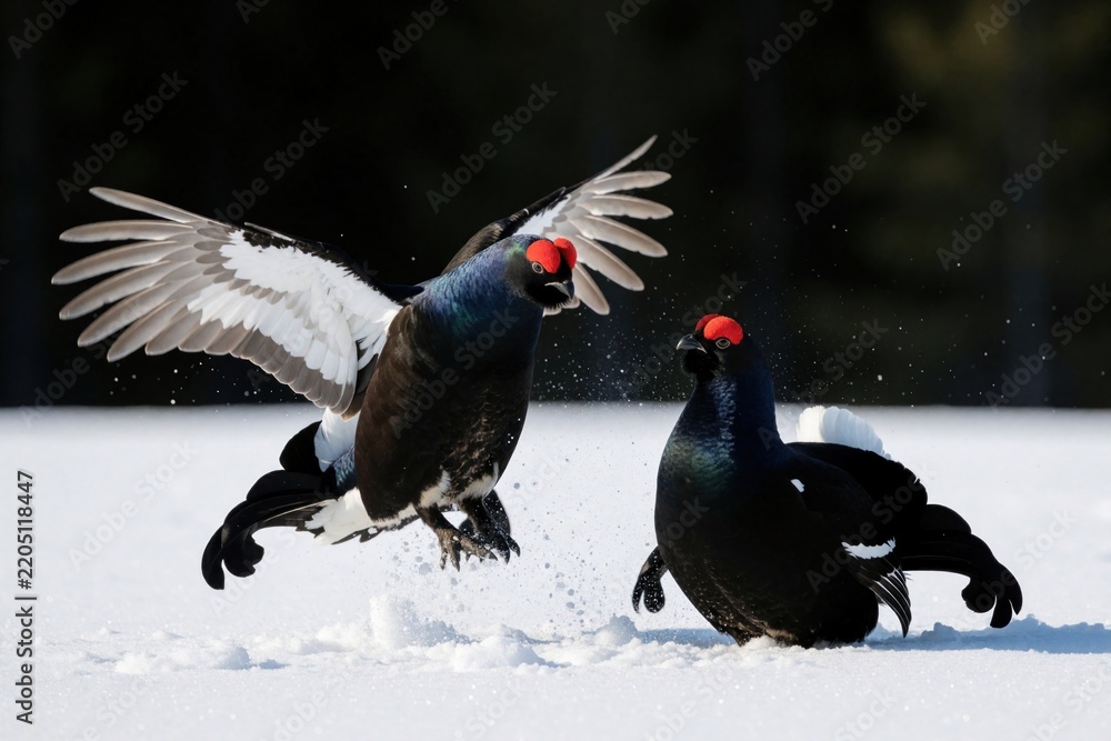 Fototapeta premium Two male black grouse fight in white snow during winter lekking season. Aggressive birds display colorful red combs battling for territory. Male grouse spread wings, jump in cold forest habitat to