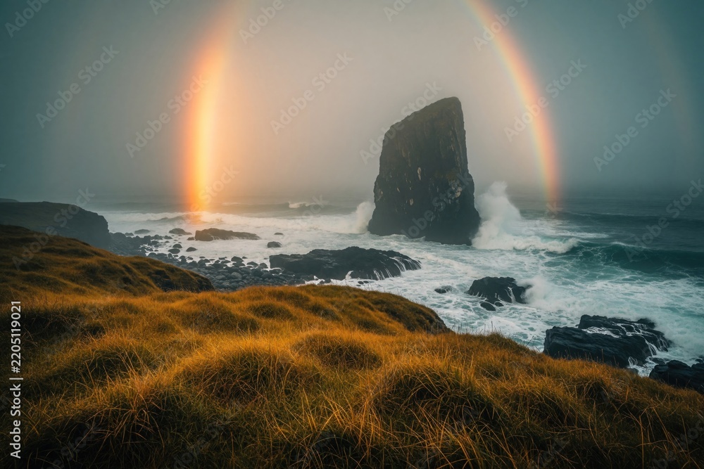 Obraz premium Bright rainbow arches over stormy ocean waves hitting dark sea rocks. Large sea stack stands in water under misty sky. Grassy hill overlooks coastline during sunset. Scenic landscape with dramatic