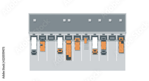 Top View Illustration of Logistics Warehouse with Delivery Trucks at Loading Docks