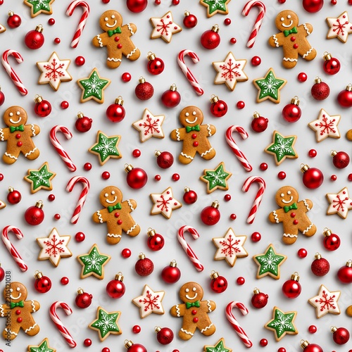 Playful 3D holiday background tile with frosted star cookies, ornaments, and candy canes on light neutral background.