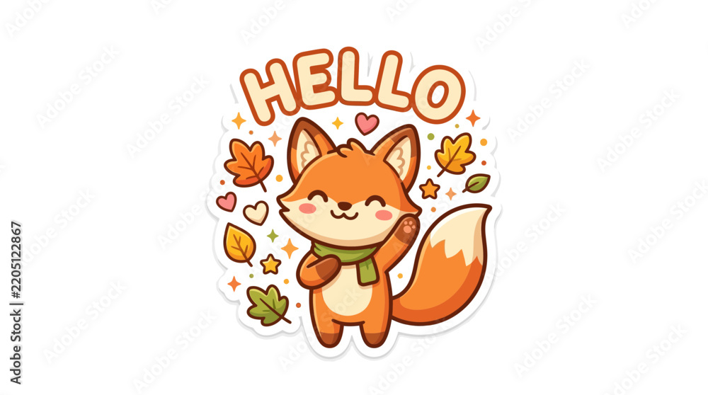 Fototapeta premium Cute Cartoon Fox Waving Hello with Autumn Leaves and Hearts Sticker Illustration
