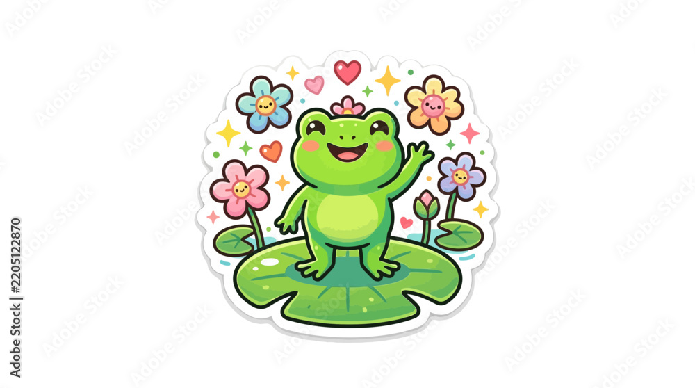 Obraz premium Cute Kawaii Green Frog Character Waving on Lily Pad with Smiling Flowers and Hearts Illustration